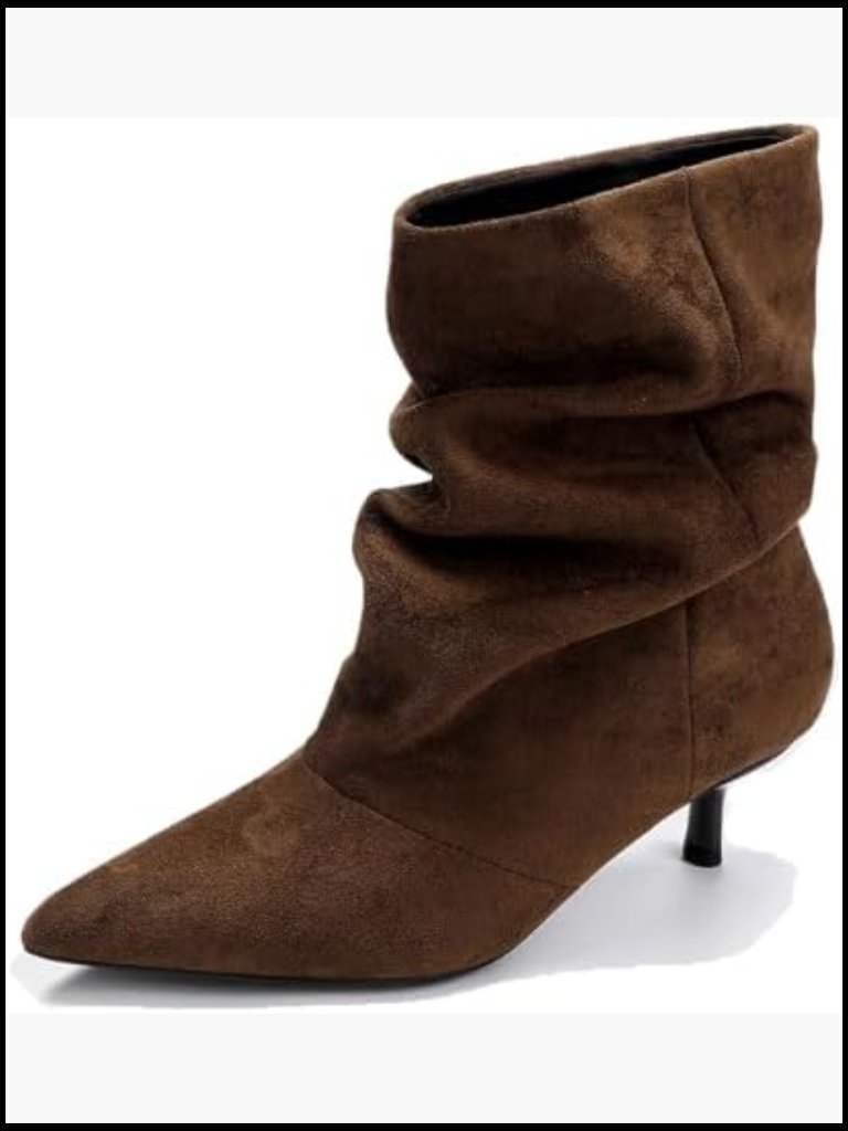 Faux Suede Kitten Heel Slouchy Ankle Boots Pointed Toe Pull On Wide Calf